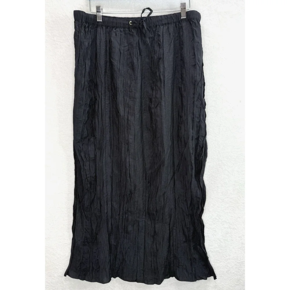 J Crew Women Midi Skirt Size XL Black Crinkled Drawstring Elastic Lined Vent NWT